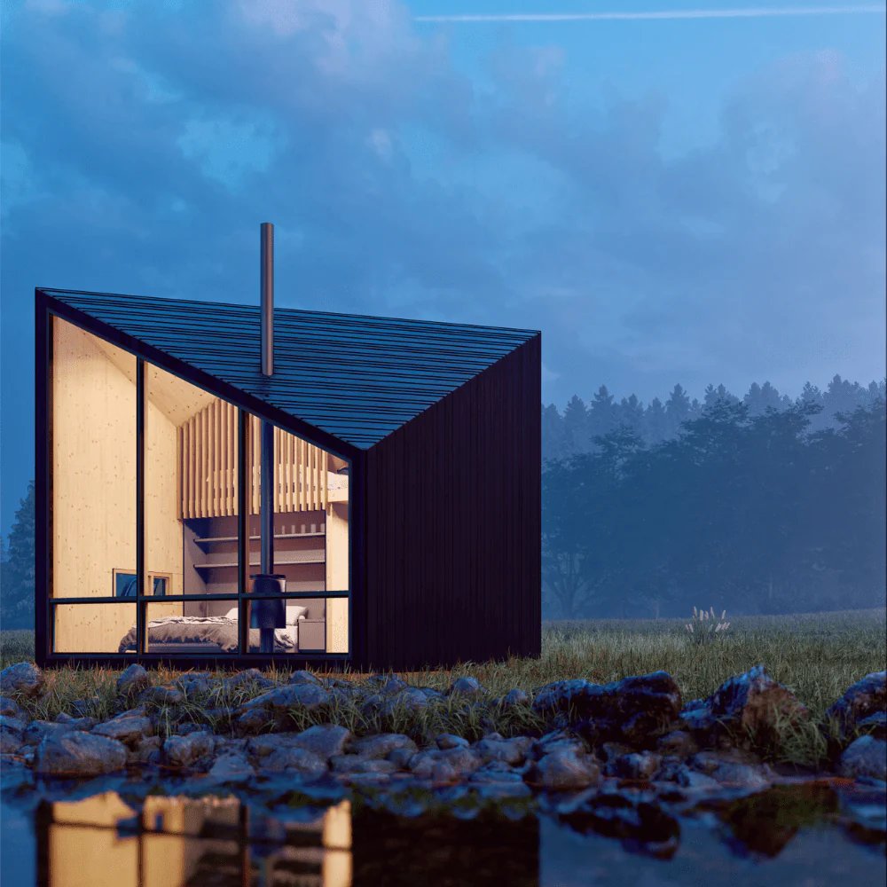 The Outpost cabin — exterior rendering at dusk